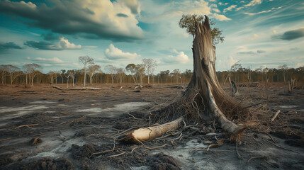Big tree that was cut down destroyed forest Causes widespread damage to the ecosystem. - obrazy, fototapety, plakaty
