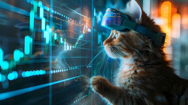 Cat with VR headset analyzing holographic stock market digital chart, virtual reality world, suitable for tech and finance.