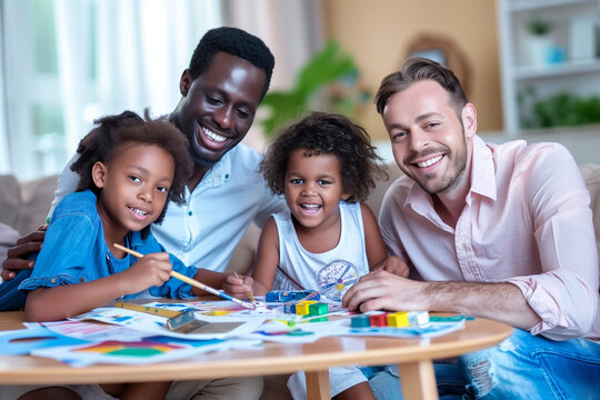 Interracial family painting colourful pictures, gay couple with their adopted children in a fun creative colouring activity.