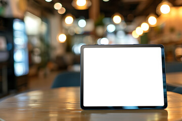 The tablet computer stands on the table with a blank white screen and a blurred office background. Screen display for mockup. - obrazy, fototapety, plakaty