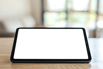 The tablet computer stands on the table with a blank white screen and a blurred office background. Screen display for mockup.