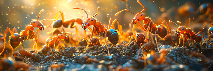  Busy ant colony at work on forest floor macro sh,
 Incredible Teamwork, Unveiling the Marvels of Collective Endeavor - obrazy, fototapety, plakaty