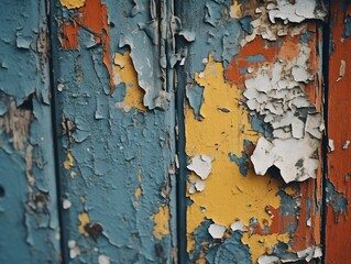 Wooden background with peeling paint. Old blue and orange color.