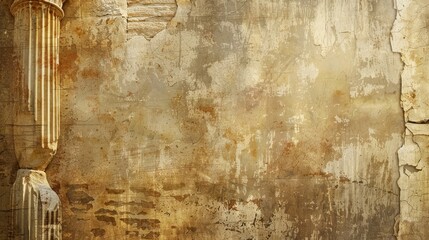 Naklejka premium a golden yellow ancient greece and roman empire texture wallpaper background with a lot of empty blank copyspace. pillars and old buildings. 