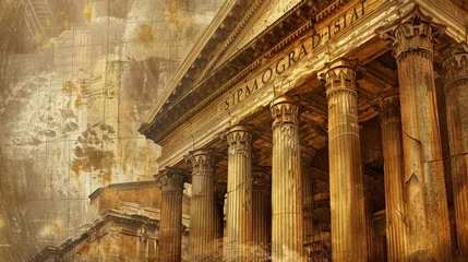 Selbstklebende Fototapeten  a golden yellow ancient greece and roman empire texture wallpaper background with a lot of empty blank copyspace. pillars and old buildings.  © SayLi