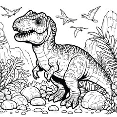 coloring draw dinosaur with a stone mountain illustration background and bird.  black and white version good for kids