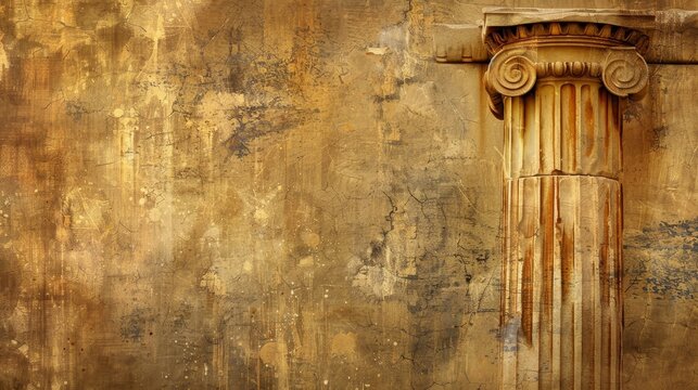  a golden yellow ancient greece and roman empire texture wallpaper background with a lot of empty blank copyspace. pillars and old buildings. 