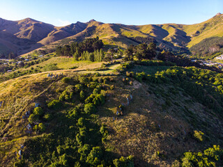 aerial panorama of cass bay, corsair bay, pony point and lyttelton, beautiful coast of new zealand south island, canterbury, christchurch area