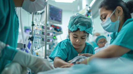 Child labor day concept. Child as doctor and nurse treating patients at hospital.