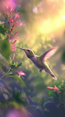 Hummingbird Feeding on Flowers in Magical Light