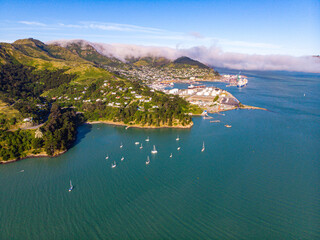 aerial panorama of cass bay, corsair bay, pony point and lyttelton, beautiful coast of new zealand south island, canterbury, christchurch area