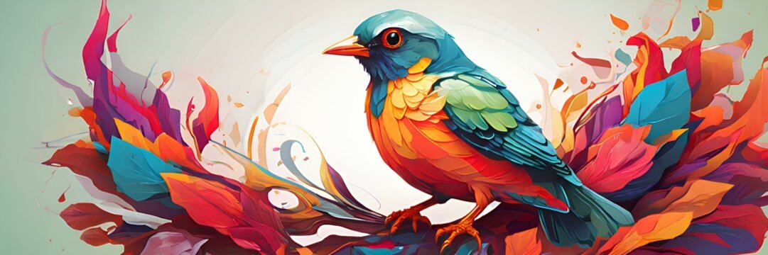 Colorful birds are sitting on lots of colorful leaves