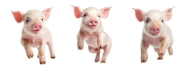Set of 3  Baby pigs piglets , playful and funny,  isolated on transparent background