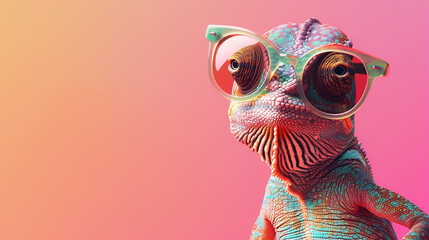 Chameleon Wearing Sunglasses on a Pink Background with Copyspace Advertisement