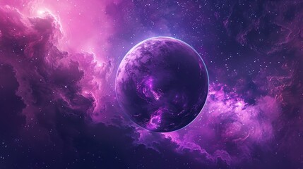 Purple planet in a starry space nebula