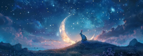 Moonlit Whispers and Easter Wishes: A Serene Bunny's Starry Night Vigil - obrazy, fototapety, plakaty