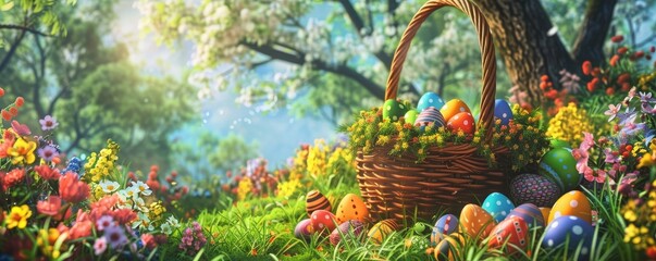 An Enchanting Easter Feast: A Basket Brimming with Colorful Eggs, Confections, and Blooms in a Vibrant Spring Setting