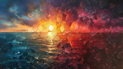 Abstract shattered glass effect on seascape at sunset - obrazy, fototapety, plakaty