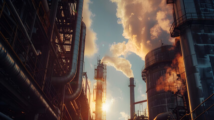 Industrial factories emit exhaust fumes. View from below, air pollution concept - obrazy, fototapety, plakaty