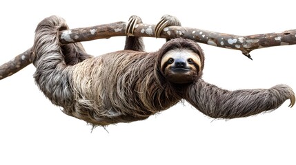 Fototapeta premium A sloth hanging on a tree branch isolated on a white background