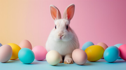Fototapeta na wymiar Happy easter bunny with colorful easter eggs