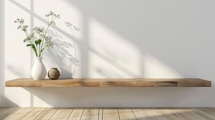 a wooden floating shelf elegantly adorns a pristine white wall, set against the backdrop of a sleek wooden floor