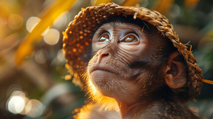 a monkey wearing a hat - obrazy, fototapety, plakaty