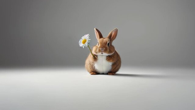 A brown rabbit holding a single daisy flower against a white background.
