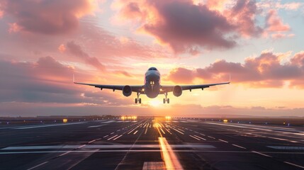 A large jet plane landing on a lit runway at sunset, The plane is in close-up - obrazy, fototapety, plakaty