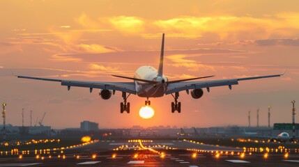 A large jet plane landing on a lit runway at sunset, The plane is in close-up