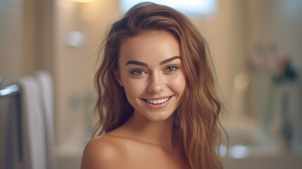 Portrait of beautiful brunette young woman with shaggy hairstyle smiling cheerfully, showing her white teeth to camera while feeling happy blurred bathroom background