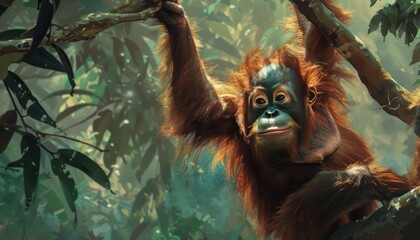 orangutan hanging alone on a shady tree branch