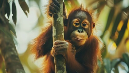 orangutan hanging alone on a shady tree branch - obrazy, fototapety, plakaty