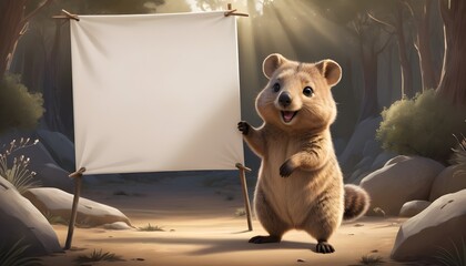  A cute Quokka holding a empty banner firlmy by hands for the purpose of custom writing later on