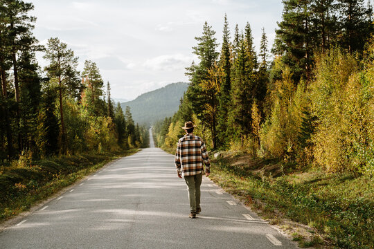 man walk scenic road forest