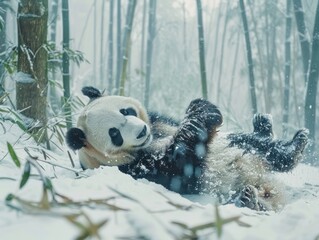 Panda playtime during snowy winter in bamboo forest