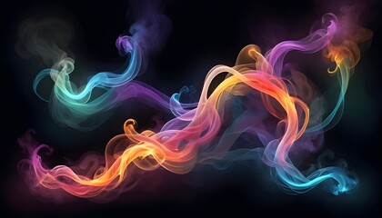 A captivating portrayal of luminous tendrils of colorful smoke gracefully undulating and flowing through the darkness their ethereal beauty creating an immersive and surreal abstract backdrop