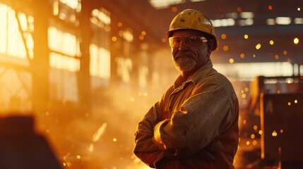 Fototapeta premium Man Wearing Hard Hat in Factory Generative AI