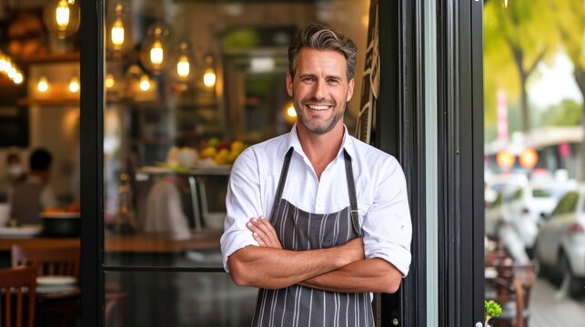 Man Standing Outside Restaurant With Arms Crossed Generative AI - Powered by Adobe