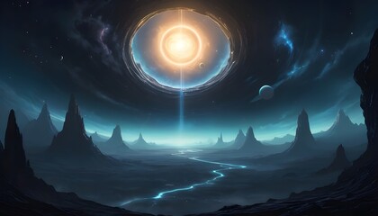 : An otherworldly scene depicting a luminous window suspended in the darkness of space through which the distant silhouette of an alien planet can be seen its swirling clouds and mysterious terrain