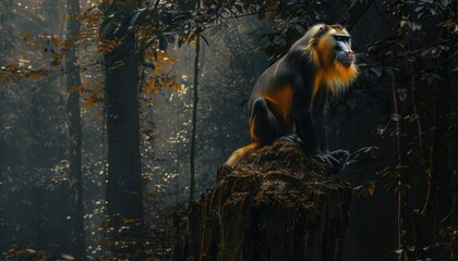Male mandril sitting on a rock with a wilderness background