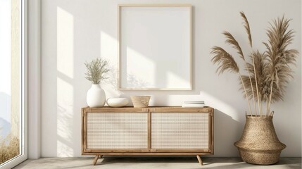 Picture frame mockup. Wood natural style home interior