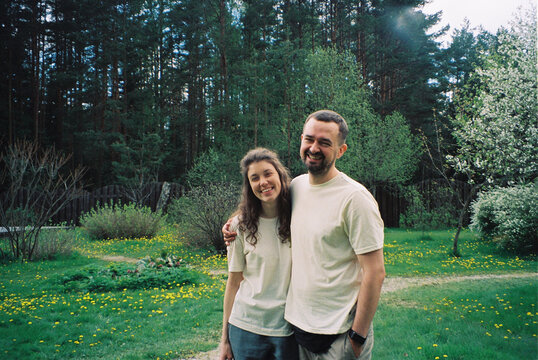 Young just married couple after wedding in the forest