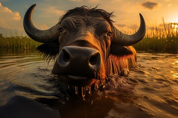 Close-Up of Water Buffalo in River at Sunset. 