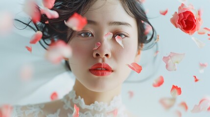 Portrait of Asian woman with falling flower petals against white background. - obrazy, fototapety, plakaty