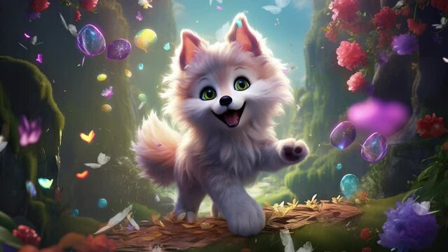 Adorable fluffy wolf exploring the magical forest Seamless looping 4k time-lapse virtual video animation background. Generated AI