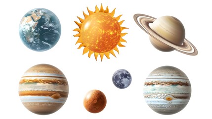 Celestial body collection, sun, planet earth, moon, mars and saturn, isolated on a white background
