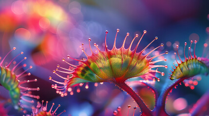 Capture a close-up of a Venus Flytrap with a colorful fantasy-like background - obrazy, fototapety, plakaty