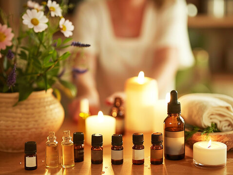 Capture a photo of a therapist preparing essential oils for an aromatherapy massage