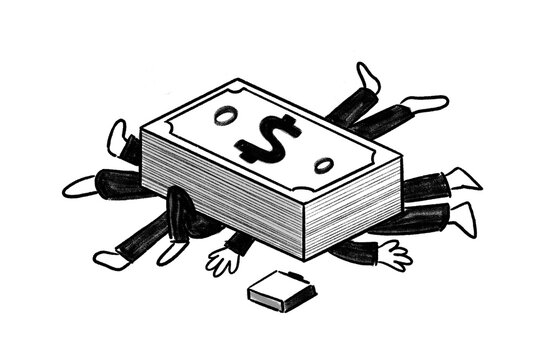 Businesspeople legs buried under US dollar bill, financial pressure